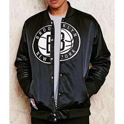 Brooklyn Nets Full-Snap Varsity Black Satin Men's Bomber Jacket