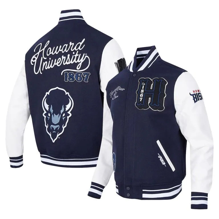 Howard Bison HBCU Navy Blue Wool & White Genuine Leather Sleeves Men's Letterman Varsity Jacket