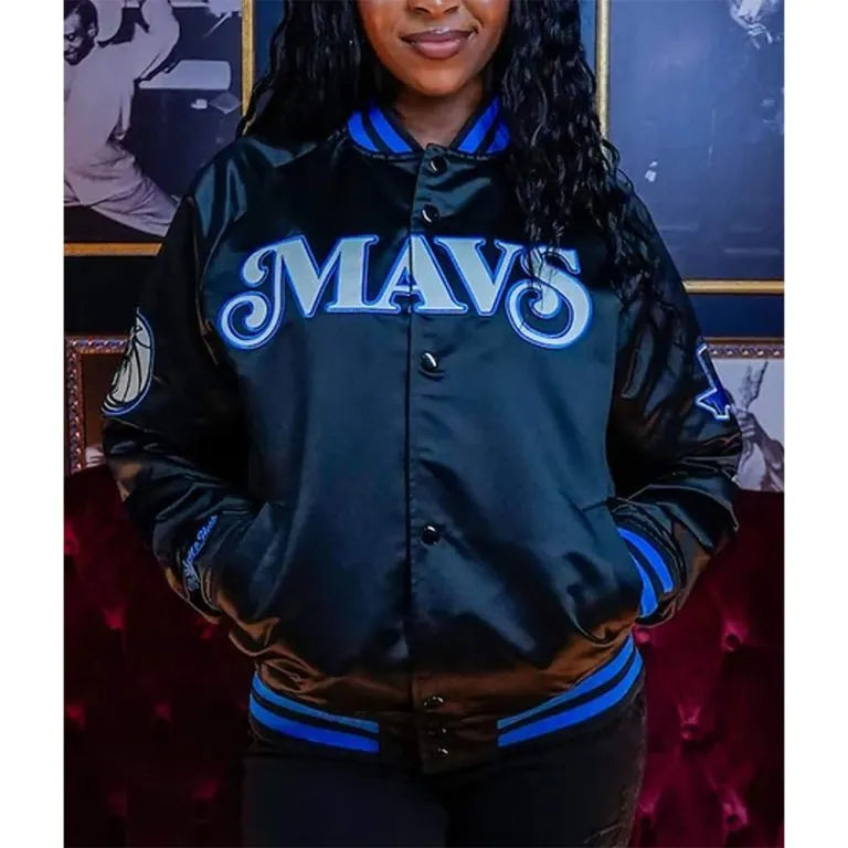Dallas Mavericks 2023-24 City Edition Full-Snap Varsity Black Satin Men's Bomber Jacket