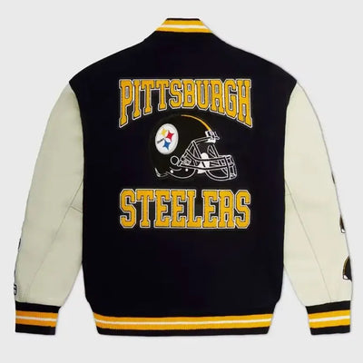Pittsburgh Steelers Snoop Dogg OVO Black Wool & White Genuine Leather Sleeves Men's Varsity Letterman Jacket