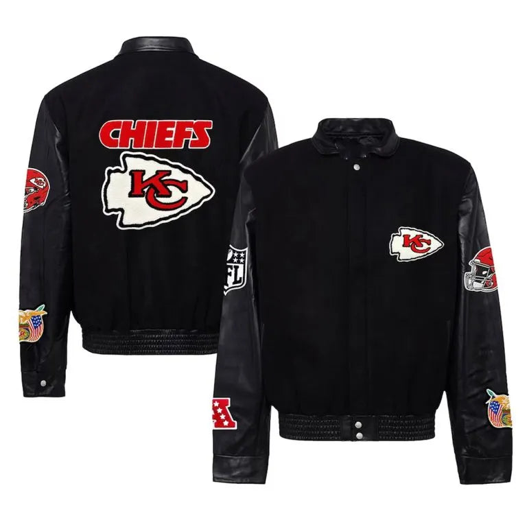 JH Kansas City Chiefs Black Wool and Genuine Leather Sleeves Men's Varsity Letterman Jacket