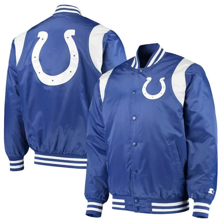 Indianapolis Colts Full-Snap Varsity White and Royal Blue Satin Men's Bomber Jacket