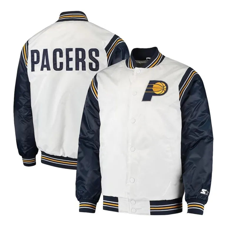 Indiana Pacers Renegade Full-Snap Varsity White and Navy Blue Satin Men's Bomber Jacket