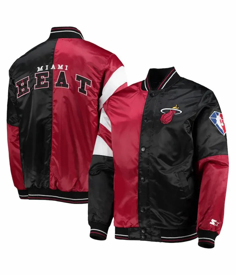 75th Anniversary Miami Heat Leader Full-Snap Varsity Red and Black Satin Men's Bomber Jacket