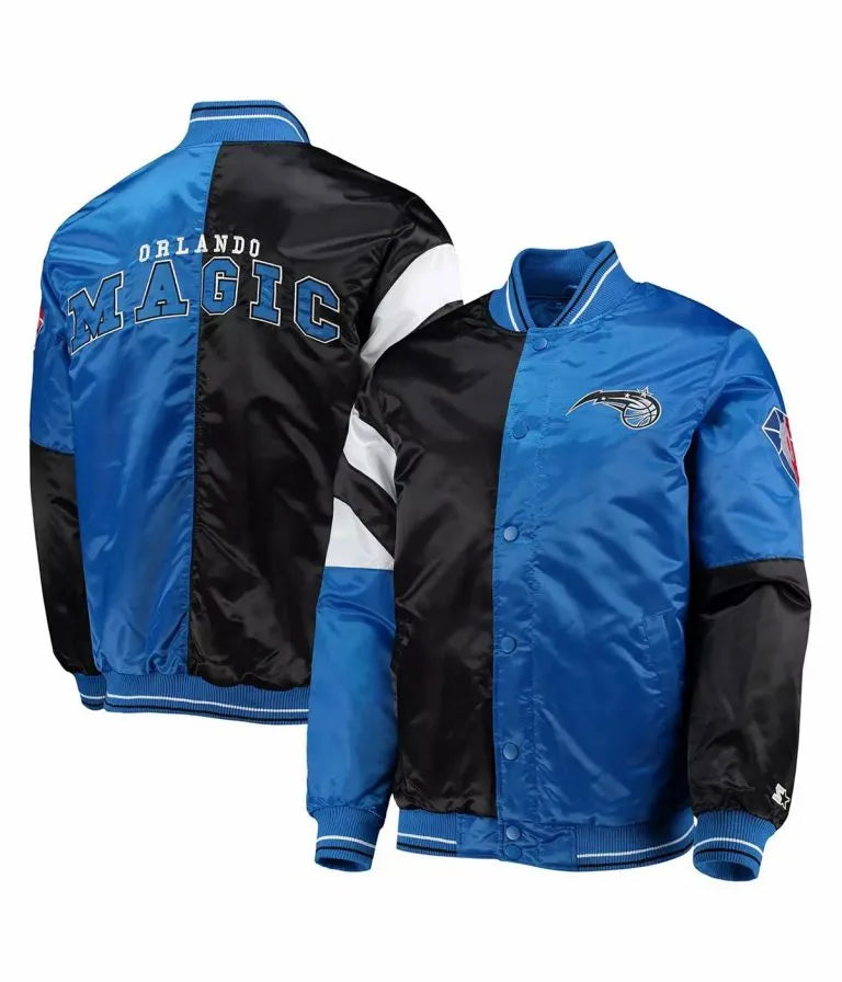 Orlando Magic 75th Anniversary Leader Full-Snap Varsity Color Block Satin Men's Bomber Jacket