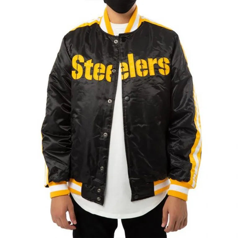 Pittsburgh Steelers Striped Full-Snap Varsity Black Satin Men's Bomber Jacket