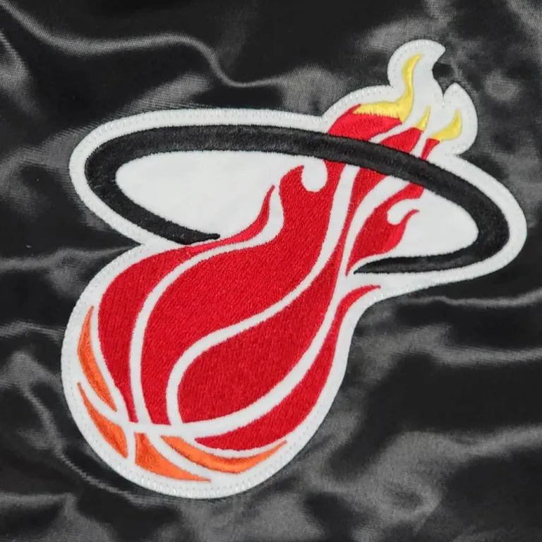Miami Heat Teddy Full-Snap Varsity Black Satin Men's Bomber Jacket