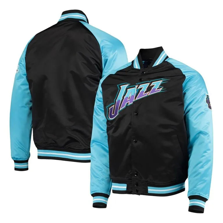 Utah Jazz Hardwood Classics Reload 3.0  Full-Snap Varsity Black/Light Blue Satin Men's Bomber Jacket