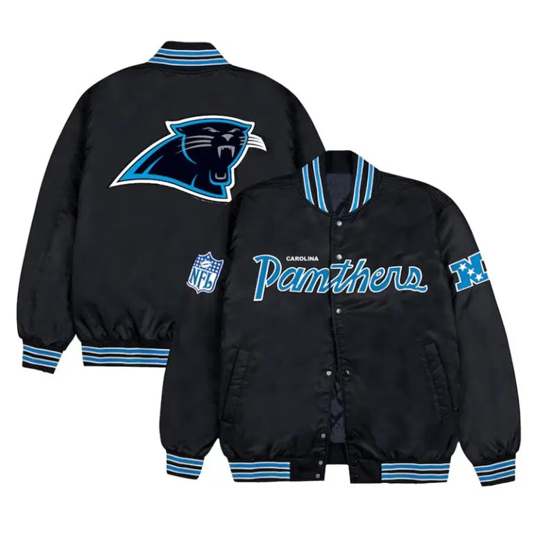 Carolina Panthers Blue Rib Full-Snap Varsity Black Satin Men's Bomber Jacket