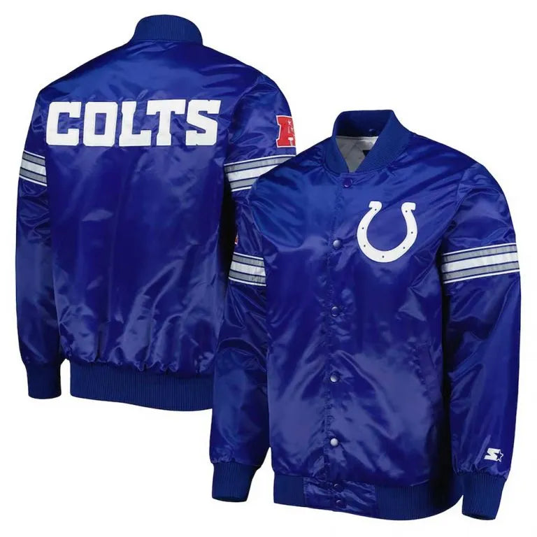 Indianapolis Colts Pick and Roll Full-Snap Varsity Royal Blue Satin Men's Bomber Jacket