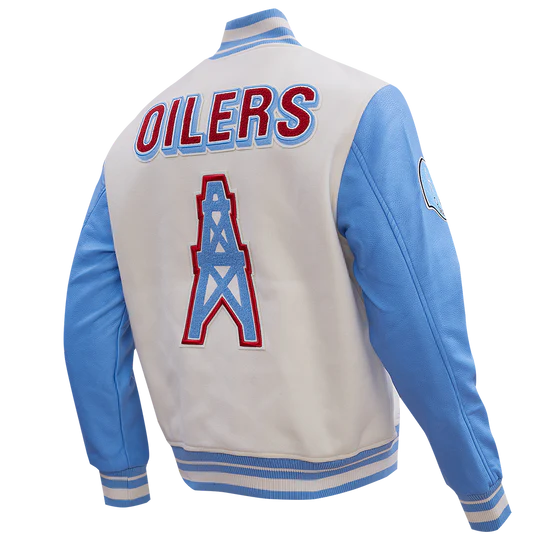 Houston Oilers Retro Classic Off-White Wool and Light Blue Genuine Leather Sleeves Men's Varsity Letterman Jacket