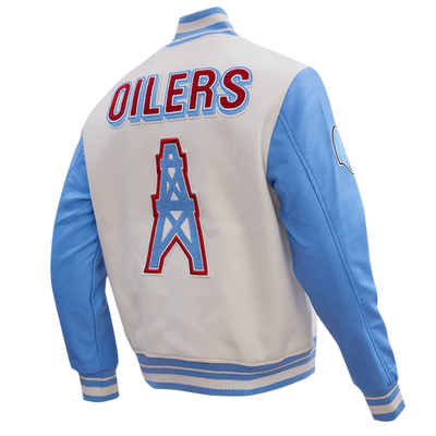 Houston Oilers Retro Classic Off-White Wool and Light Blue Genuine Leather Sleeves Men's Varsity Letterman Jacket