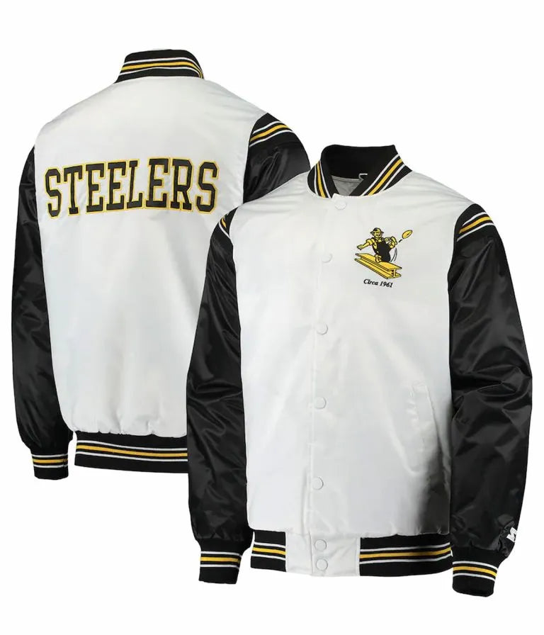 Pittsburgh Steelers Historic Renegade Full-Snap Varsity Black and White Satin Men's Bomber Jacket