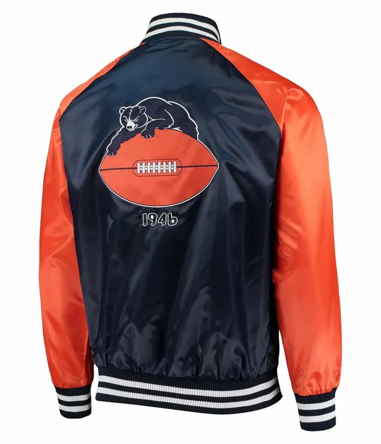 Chicago Bears Clean Up Throwback Varsity Navy Blue and Orange Satin Men's Bomber Jacket