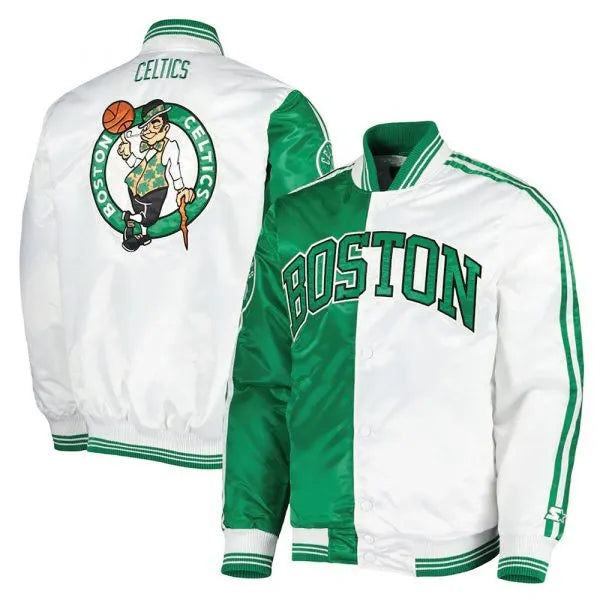 Boston Celtics Fast Break Full-Snap Varsity Green and White Satin Men's Bomber Jacket