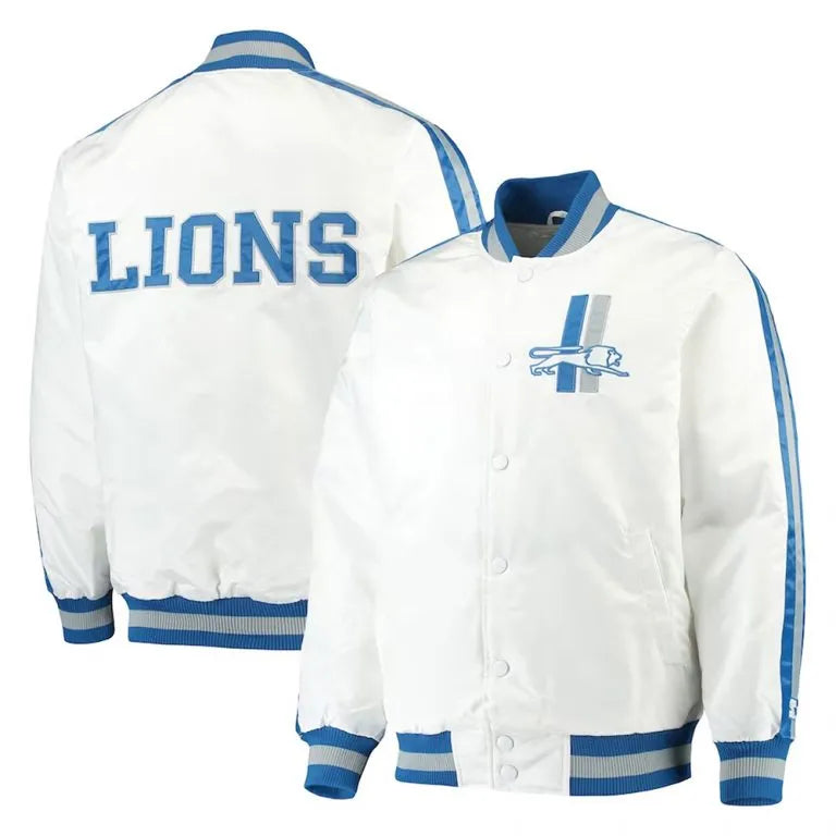Detroit Lions Striped Throwback D-Line Full-Snap Varsity White Satin Men's Bomber Jacket