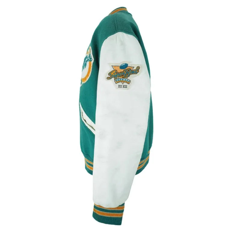 1980s Miami Dolphins Aqua Wool and White Genuine Leather Sleeves Men's Varsity Letterman Jacket