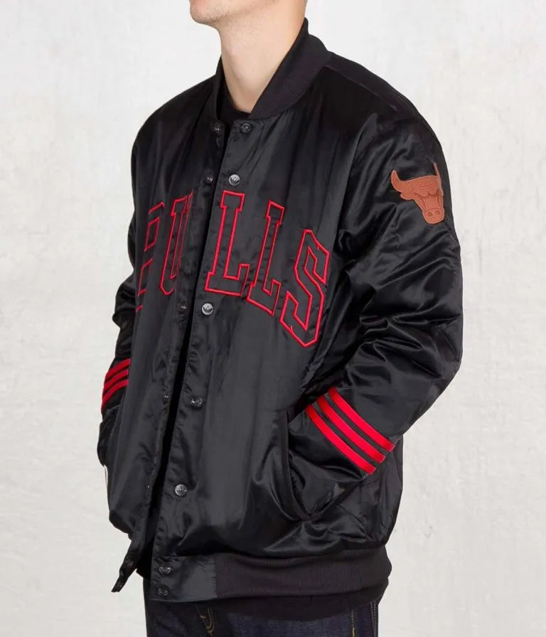 NBA Chicago Bulls Full-Snap Varsity Black Satin Men's Bomber Jacket