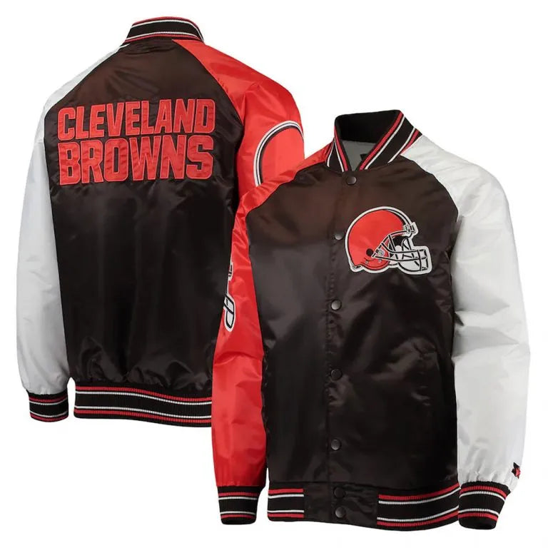 Cleveland Browns The Reliever Full-Snap Varsity Tri Color Satin Men's Bomber Jacket
