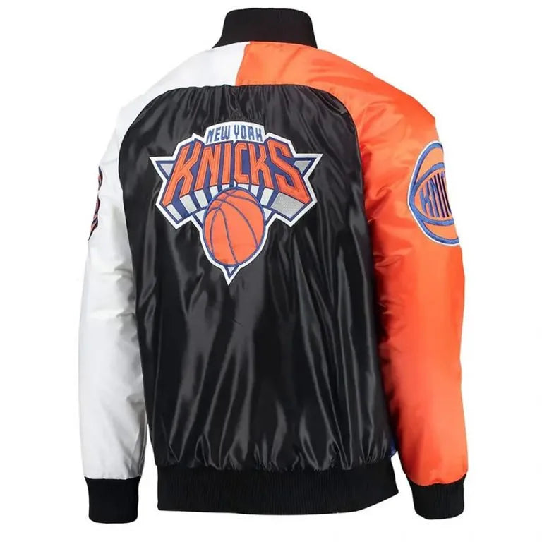 New York Knick Remix Full-Snap Varsity Multicolor Satin Men's Bomber Jacket