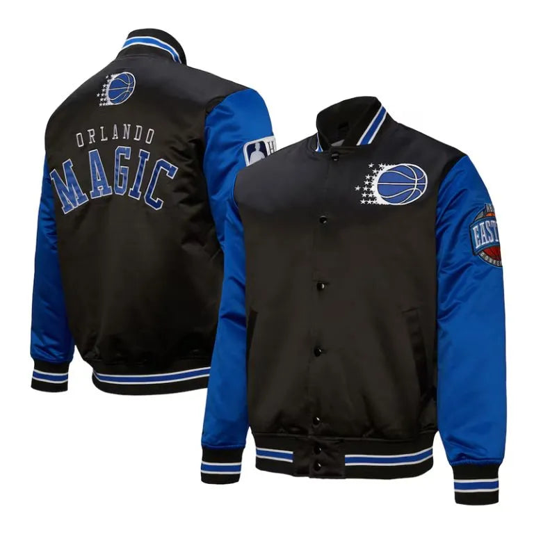 Orlando Magic Primetime Full-Snap Varsity Black and Blue Satin Men's Bomber Jacket