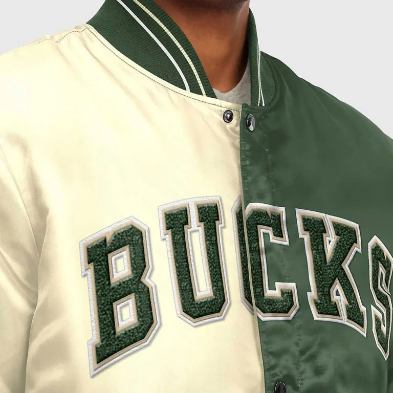 Milwaukee Bucks Full-Snap Varsity Off White and Green Satin Men's Bomber Jacket