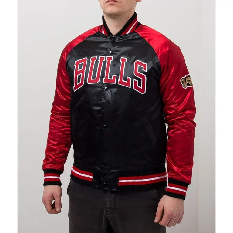 Chicago Bulls Tough Season Full-Snap Varsity Black and White Satin Men's Bomber Jacket