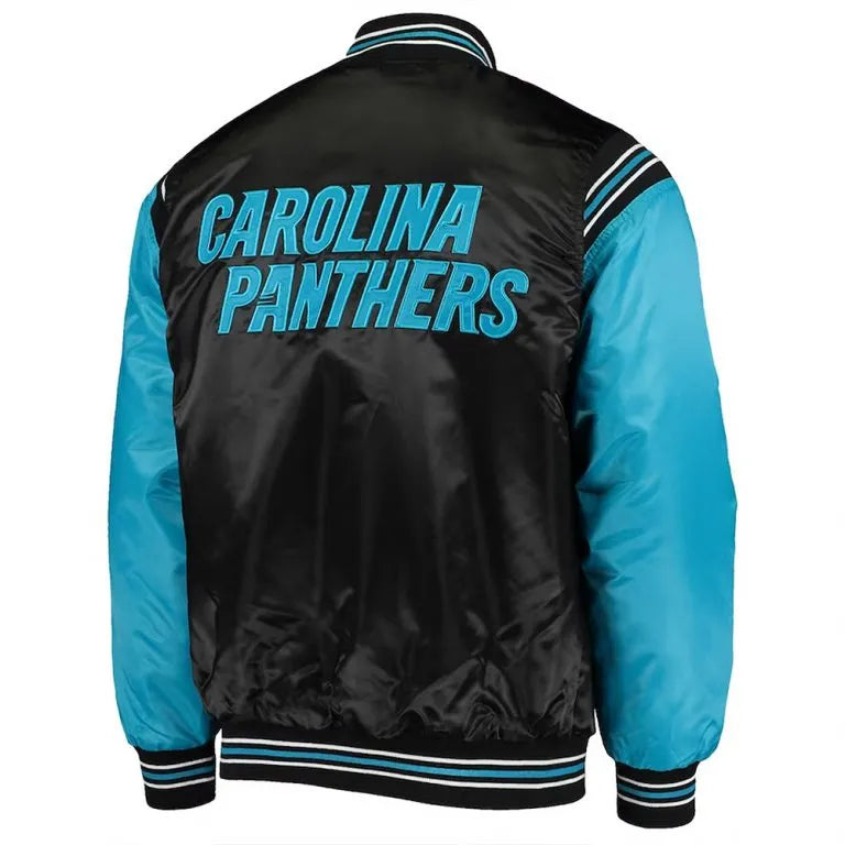Carolina Panthers Enforcer Full-Snap Varsity Black/Blue Satin Men's Bomber Jacket
