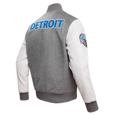 Detroit Lions Grey Wool & White Genuine Leather Sleeves Men's Varsity Jacket