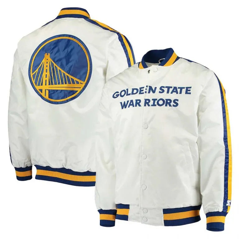 Golden State Warriors The Defensive Full-Snap Varsity White Satin Men's Bomber Jacket