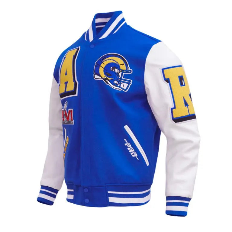 Los Angeles Rams Mashup Royal Blue Wool and White Genuine Leather Sleeves Men's Varsity Letterman Jacket