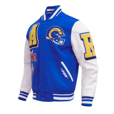 Los Angeles Rams Mashup Royal Blue Wool and White Genuine Leather Sleeves Men's Varsity Letterman Jacket