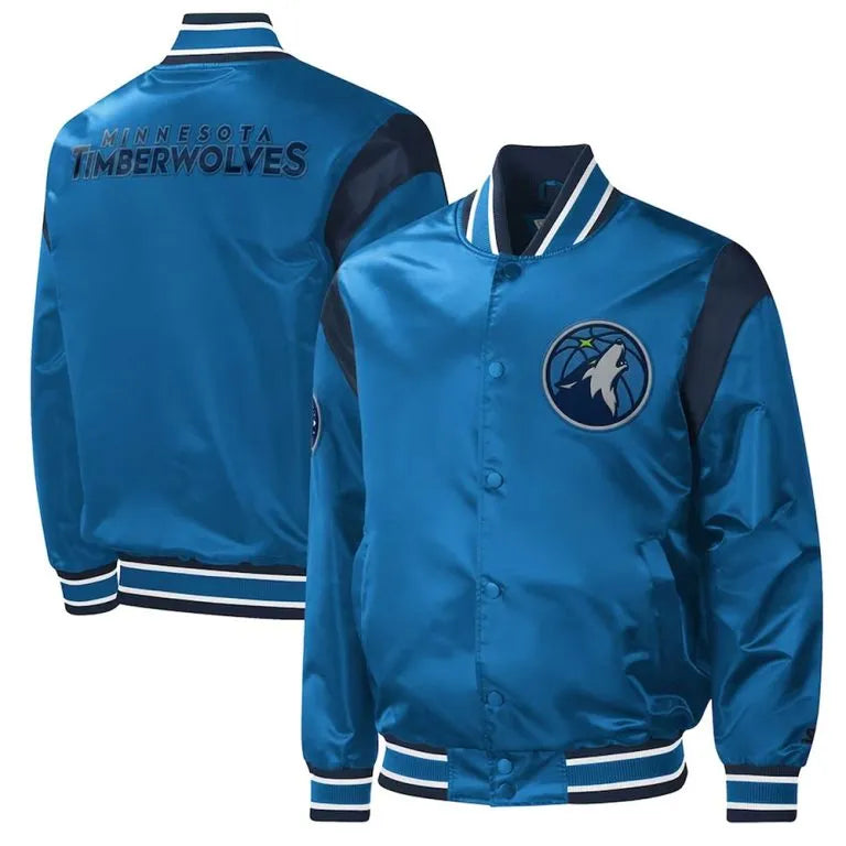 Minnesota Timberwolves Force Play Full-Snap Varsity Blue Satin Men's Bomber Jacket