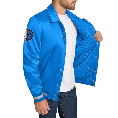 Dallas Mavericks Stitch Applique Full-Snap Varsity Blue Satin Men's Bomber Jacket