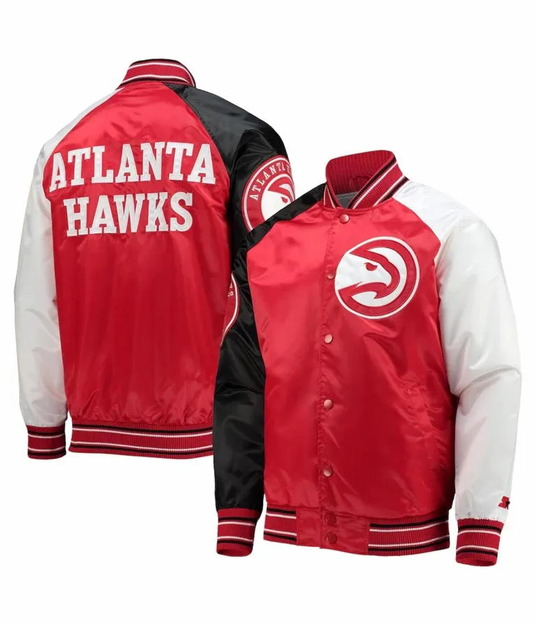Atlanta Hawks Reliever Raglan Full-Snap Varsity Red and Black Satin Men's Bomber Jacket