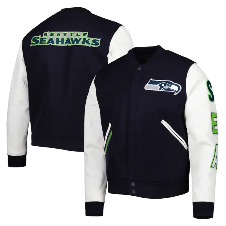 Seattle Seahawks College Logo Navy Blue Wool & White Genuine Leather Sleeves Men's Varsity Letterman Jacket