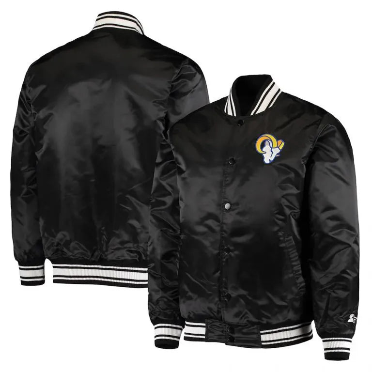Los Angeles Rams Locker Room Full-Snap Varsity Black Satin Men's Bomber Jacket