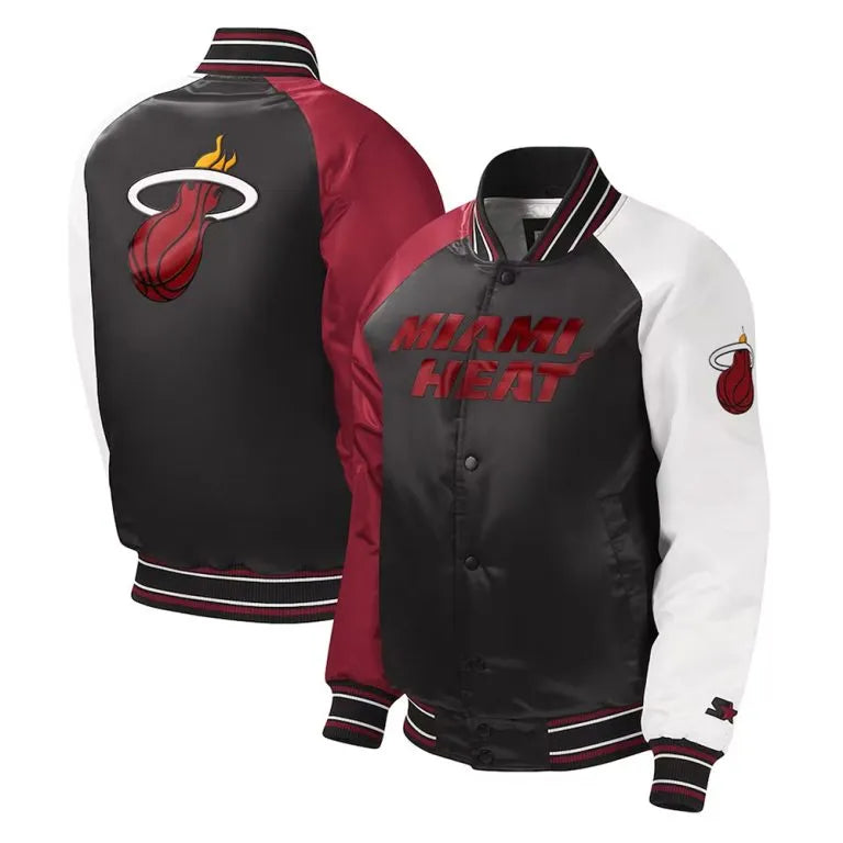 Miami Heat Youth Full-Snap Varsity Tri Color Satin Men's Bomber Jacket