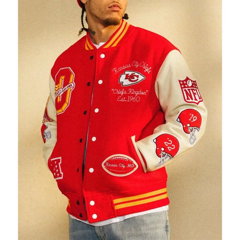 OVO Kansas City Chiefs Red Wool and White Genuine Leather Sleeves Men's Varsity Letterman Jacket