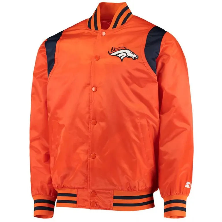 Denver Broncos Prime Time Full-Snap Varsity Orange/Navy Satin Men's Bomber Jacket