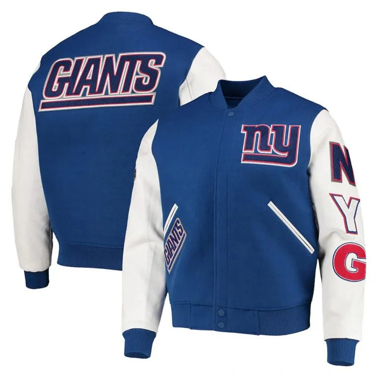 New York Giants Logo Royal Blue Wool & White Genuine Leather Sleeves Men's Varsity Letterman Jacket