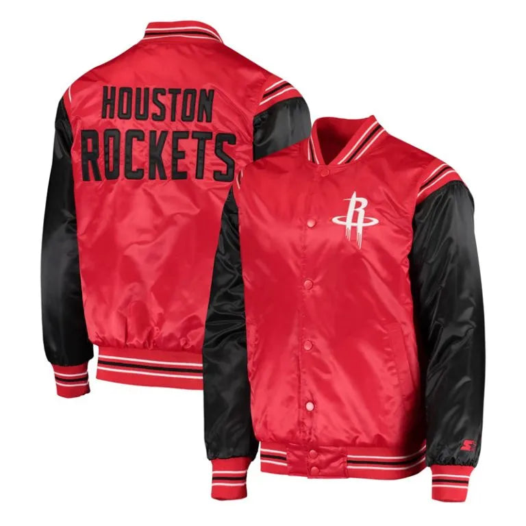 Houston Rockets The Enforcer Full-Snap Varsity Red and Black Satin Men's Bomber Jacket