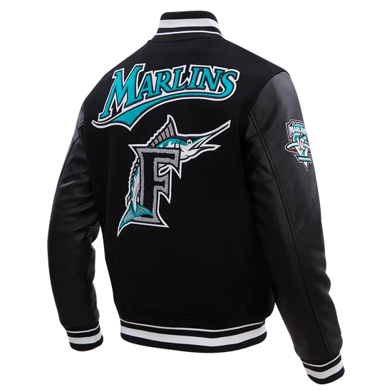 Florida Marlins Varsity Letterman Black Wool & Leather Men's Jacket