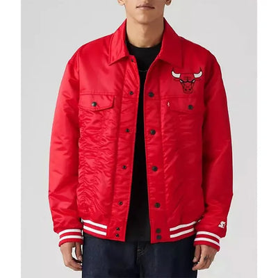 Chicago Bulls Trucker Full-Snap Varsity Red Satin Men's Bomber Jacket