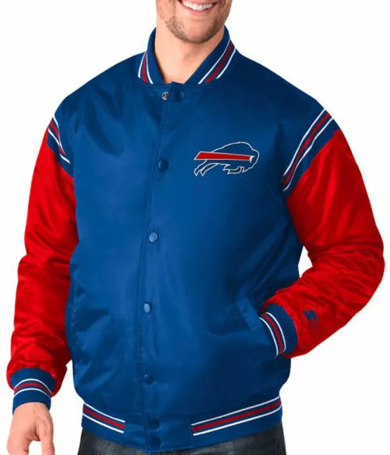 Buffalo Bills Full-Snap Varsity Blue and Red Satin Men's Bomber Jacket
