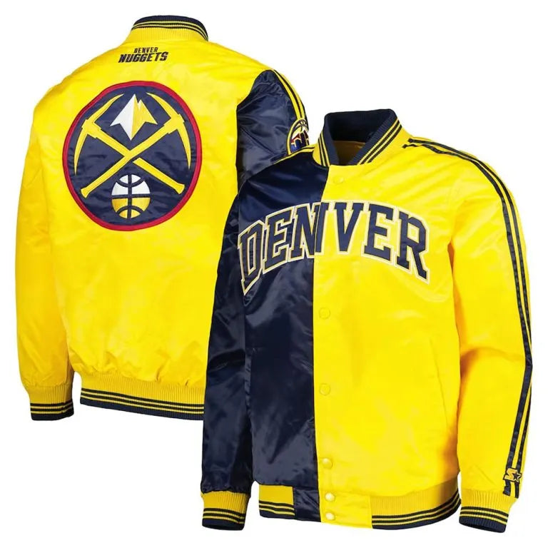 Denver Nuggets Fast Break Full-Snap Varsity Navy Blue and Yellow Satin Men's Bomber Jacket