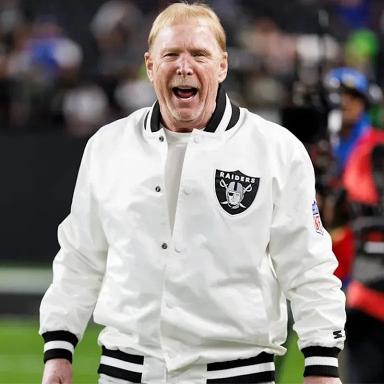 Los Angeles Raiders Mark Davis Full-Snap Varsity White Satin Men's Bomber Jacket