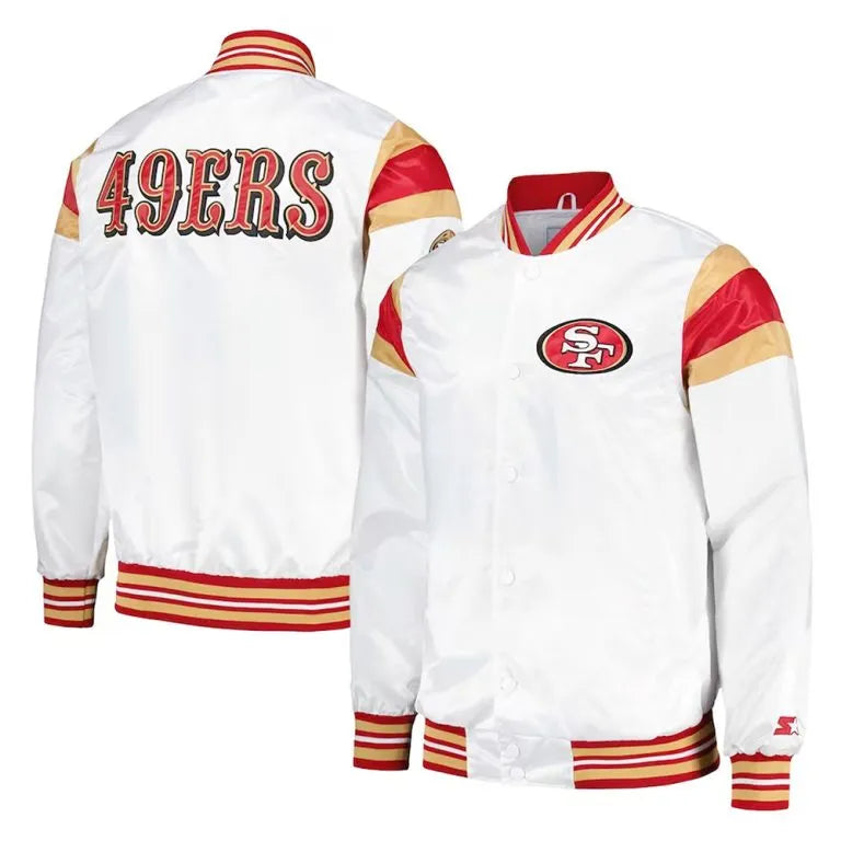 San Francisco 49ers Full-Snap Varsity White Satin Men's Bomber Jacket