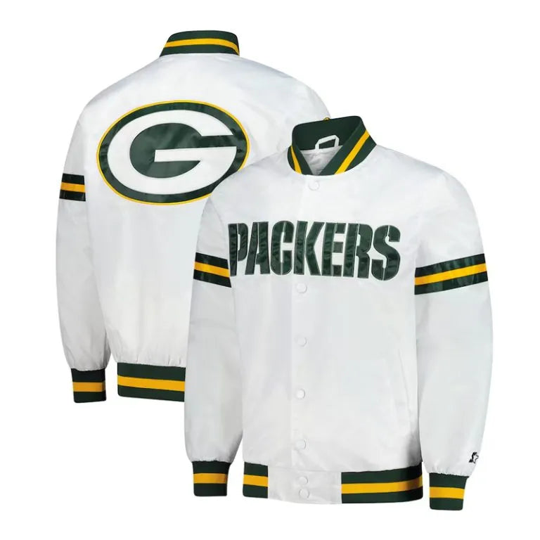 Green Bay Packers Scout Full-Snap Varsity White Satin Men's Bomber Jacket