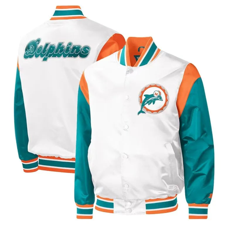 Miami Dolphins Throwback Warm Up Pitch Full-Snap Varsity White & Aqua Satin Men's Bomber Jacket